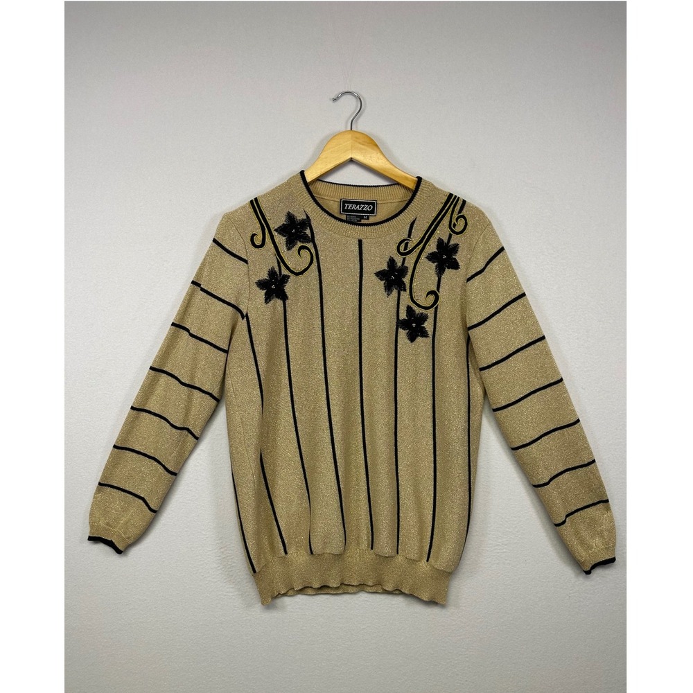 Vintage Chic Terazzo‎ Womens Medium Gold Metallic Striped Floral Embroidered Top